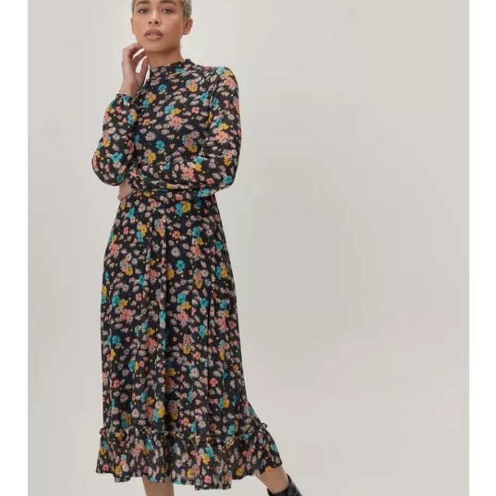 NWT Nasty Gal Floral Print Maxi Mid Smock Long Sleeves Women Cool Vibes Dress